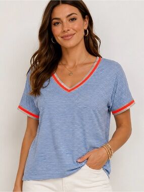Vilagallo Linen Blend Stripe Knit Top Neon Trim Blue White Size M Portugal EUC